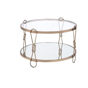 32" Silver and Champagne Mirrored Glass And Metal Round Frame Coffee Table With Shelf