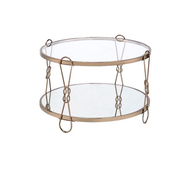 32" Silver and Champagne Mirrored Glass And Metal Round Frame Coffee Table With Shelf