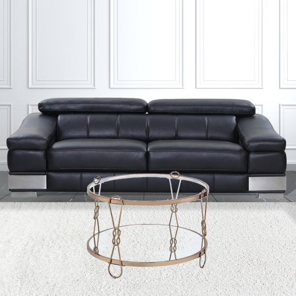 32" Silver and Champagne Mirrored Glass And Metal Round Frame Coffee Table With Shelf - Image 3