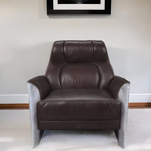 35" Espresso and Silver Top Grain Leather Tufted Club Chair - Image 2