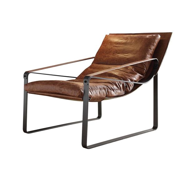 27" Brown Top Grain Leather And Steel Lounge Chair - Image 3