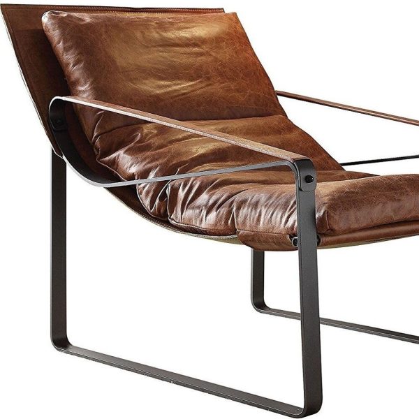 27" Brown Top Grain Leather And Steel Lounge Chair - Image 4