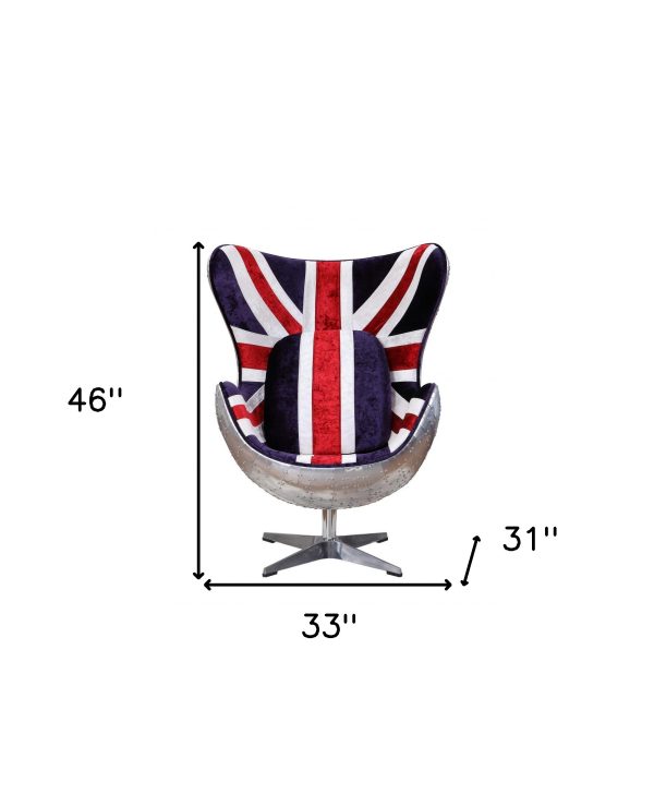 33" Red White and Blue And Silver Fabric Great Britain Flag Swivel Balloon Chair - Image 4