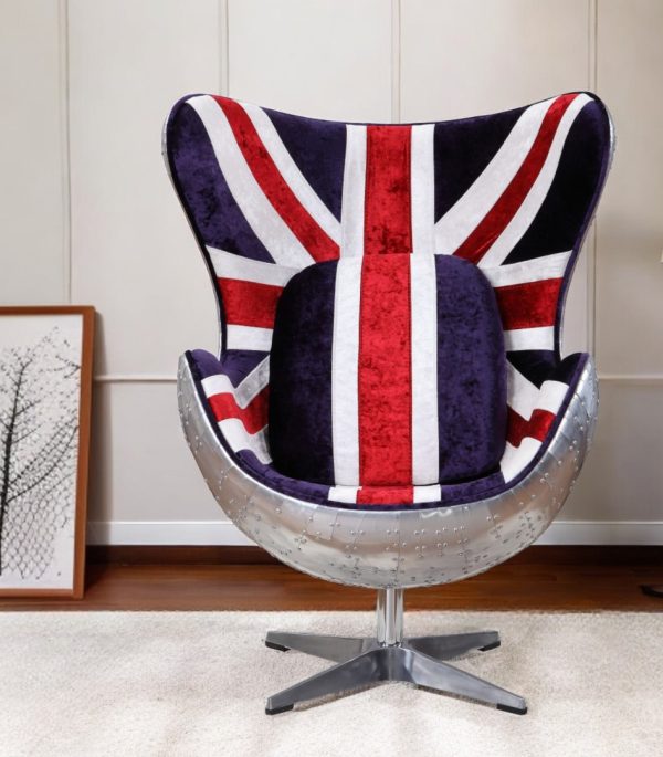 33" Red White Blue and Silver Fabric Great Britain Flag Swivel Balloon Chair - Image 2