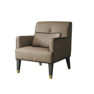 30" Tan and Charcoal Faux Leather Tufted Arm Chair And Toss Pillow