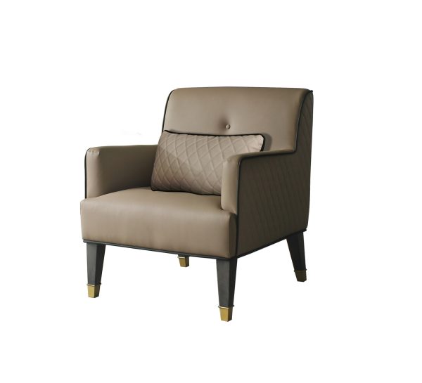 30" Tan and Charcoal Faux Leather Tufted Arm Chair And Toss Pillow