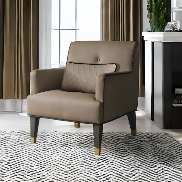 30" Tan and Charcoal Faux Leather Tufted Arm Chair And Toss Pillow - Image 2