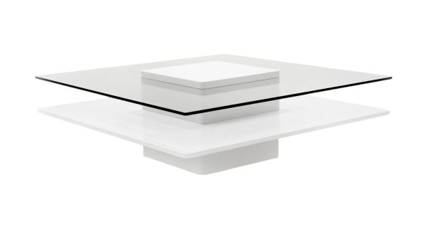 39" Clear and White Glass And Wood Square Pedestal Coffee Table With Shelf - Image 3