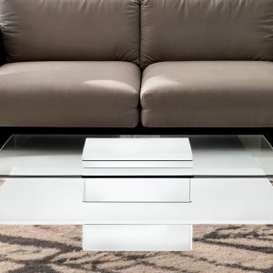 39" Clear and White Glass And Wood Square Pedestal Coffee Table With Shelf