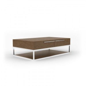 47" Brown and Silver Wood And Stainless Steel Floor Shelf Coffee Table With Two Drawers And Shelf