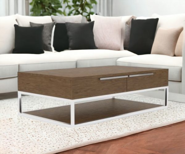47" Brown and Silver Wood And Stainless Steel Floor Shelf Coffee Table With Two Drawers And Shelf - Image 2