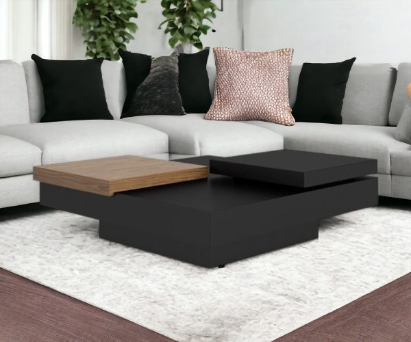 39" Brown and Black Wood Square Block Coffee Table With Drawer - Image 2