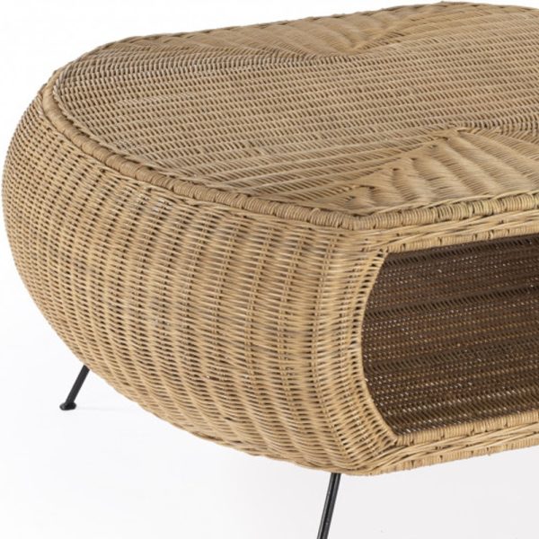 38" Natural And Black Rattan And Iron Oval Coffee Table With Shelf - Image 3