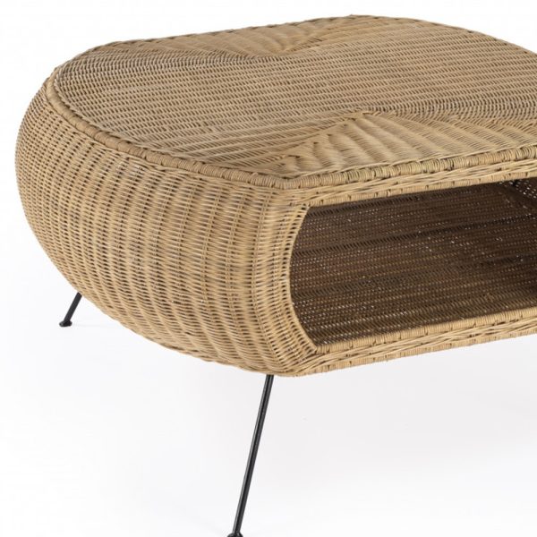 38" Natural And Black Rattan And Iron Oval Coffee Table With Shelf - Image 4