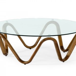 45" Clear And Brown Glass And Solid Wood Round Coffee Table