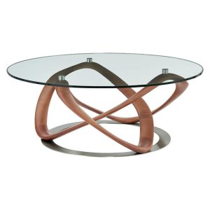 39" Clear And Brown Glass And Solid Wood Round Coffee Table