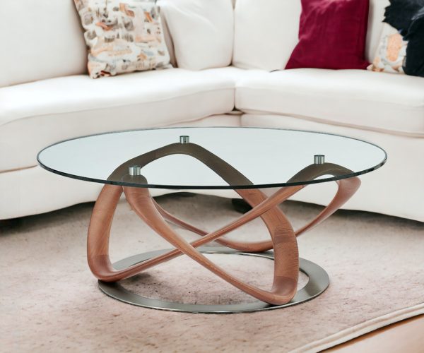39" Clear And Brown Glass And Solid Wood Round Coffee Table - Image 2