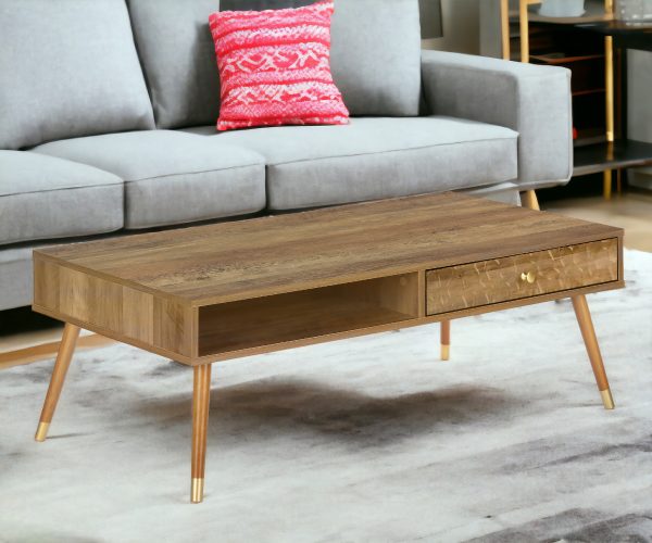 44" Natural And Brown Solid Wood Coffee Table With Drawer And Shelf - Image 2