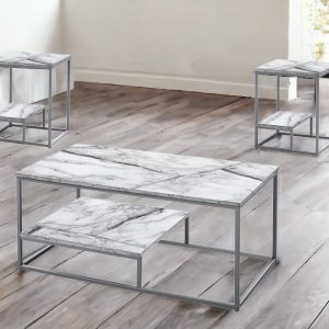 Set of Three 42" White Metal Coffee Table With Shelf