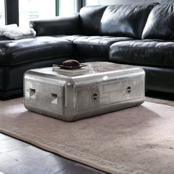 52" Silver Aluminum Solid Coffee Table With Drawer
