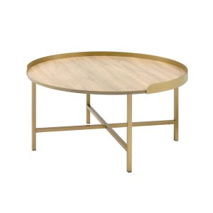 34" Oak and Gold Wood And Metal Round Sled Coffee Table