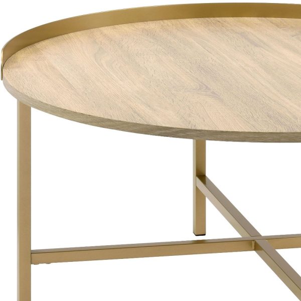 34" Gold And Oak Manufactured Wood And Metal Round Coffee Table - Image 4