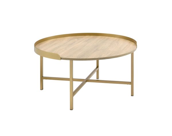 34" Gold And Oak Manufactured Wood And Metal Round Coffee Table - Image 2