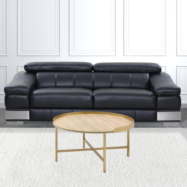 34" Gold And Oak Manufactured Wood And Metal Round Coffee Table - Image 3
