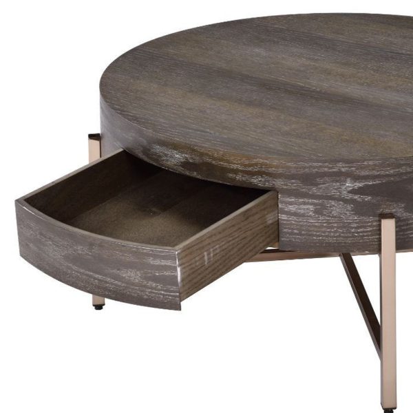32" Champagne And Dark Oak Round Coffee Table With Drawer - Image 4