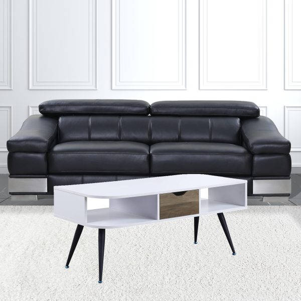44" White and Black Melamine Veneer And Metal Coffee Table With Drawer And Shelf - Image 3