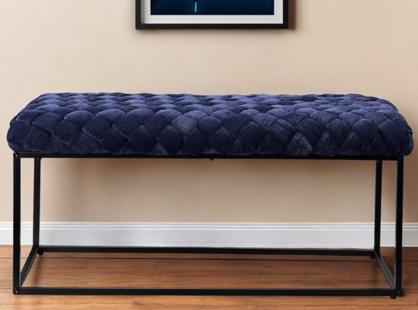39" Navy Blue and Black Velvet Upholstered Bench - Image 2