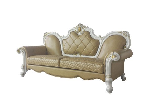 93" Golden Brown Faux Leather Sofa And Toss Pillows With Pearl Legs - Image 2