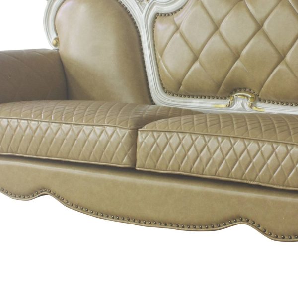 93" Golden Brown Faux Leather Sofa And Toss Pillows With Pearl Legs - Image 3