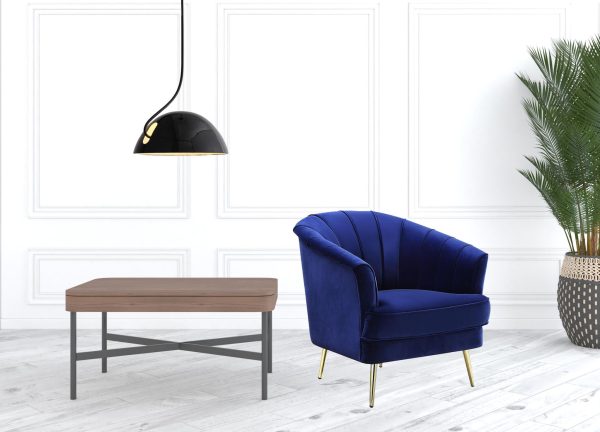31" Blue Velvet And Gold Striped Barrel Chair - Image 4