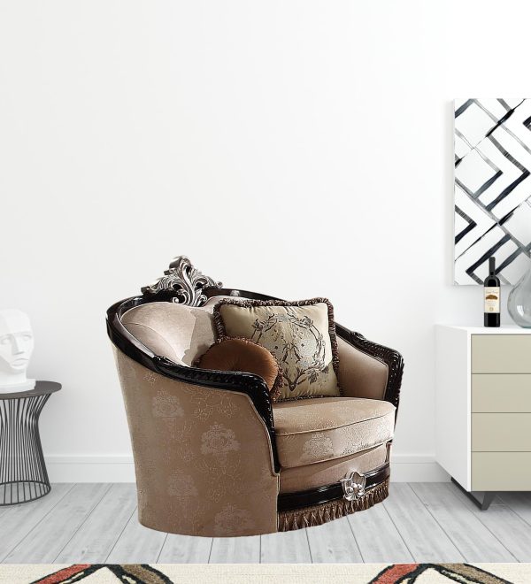 47" Tan and Black Fabric Floral Arm Chair And Toss Pillows - Image 2