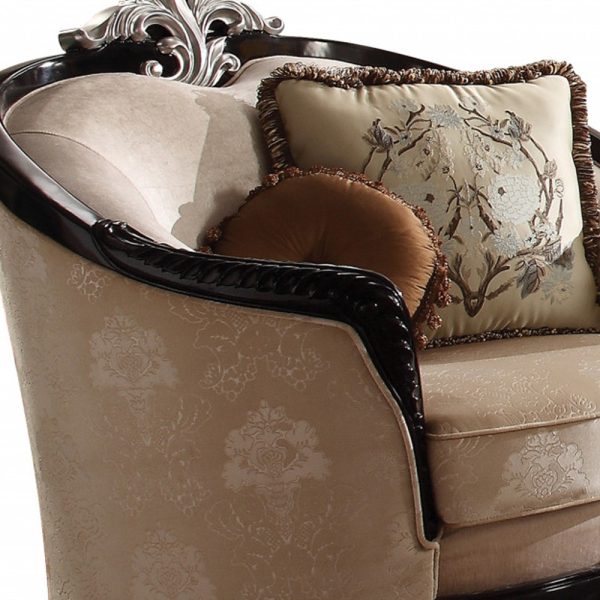 47" Tan and Black Fabric Floral Arm Chair And Toss Pillows - Image 3