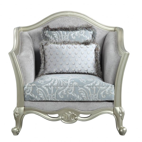44" Light Gray and Champagne Linen Floral Arm Chair And Toss Pillows