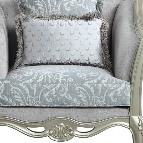 44" Light Gray and Champagne Linen Floral Arm Chair And Toss Pillows - Image 3