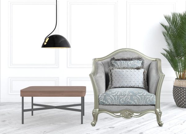44" Light Gray and Champagne Linen Floral Arm Chair And Toss Pillows - Image 2