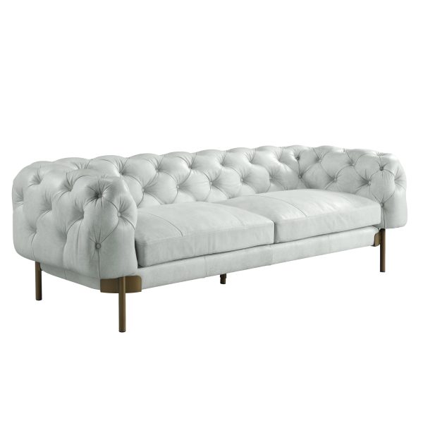 96" Light Slate Gray Top Grain Leather Sofa With Gold Legs - Image 2