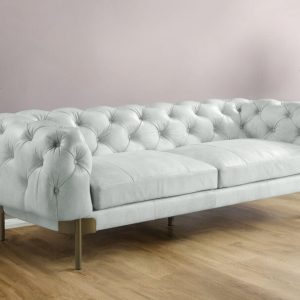 96" Light Slate Gray Top Grain Leather Sofa With Gold Legs