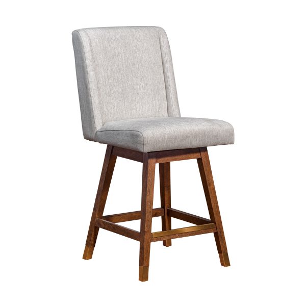 26" Beige and Brown Fabric and Solid Wood Counter Height Swivel Bar Chair - Image 3
