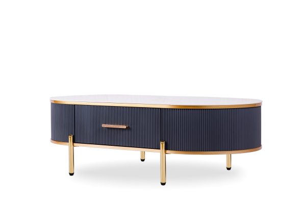 47" White And Gold Stone And Stainless Steel Oval Coffee Table With Drawer - Image 2