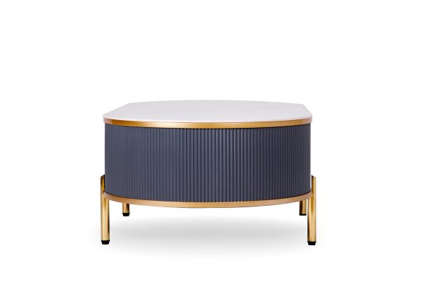 47" White And Gold Stone And Stainless Steel Oval Coffee Table With Drawer - Image 3