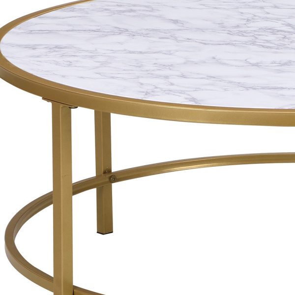 36" White And Gold Faux Marble And Metal Round Coffee Table - Image 3