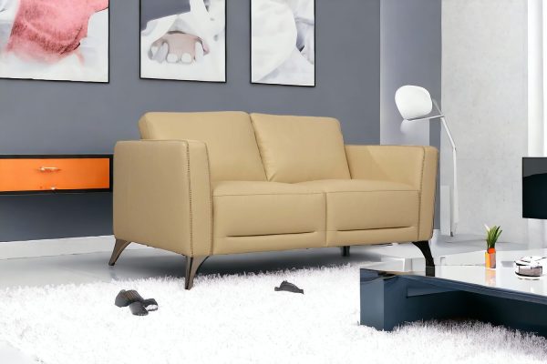 59" Cream And Silver Leather Loveseat - Image 3