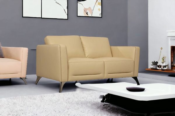 59" Cream And Silver Leather Loveseat - Image 2