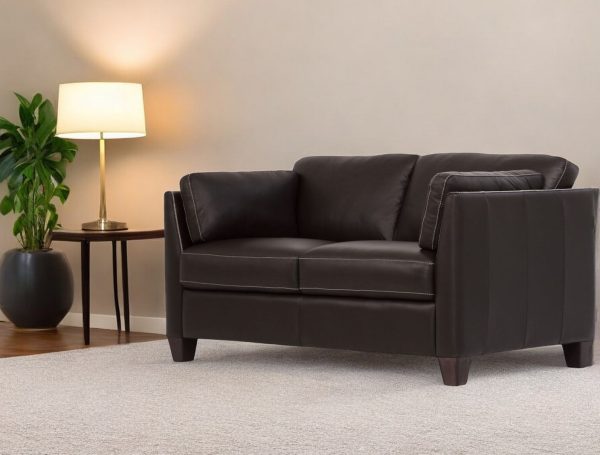 59" Chocolate And Brown Leather Loveseat - Image 2