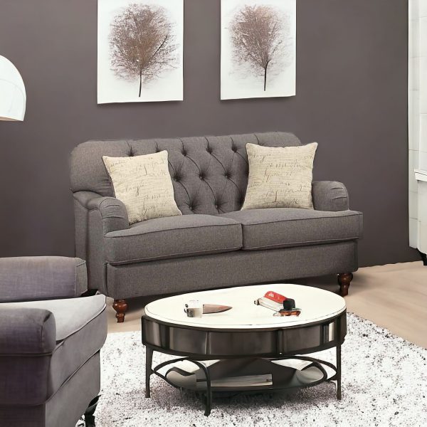 61" Dark Gray And Brown Linen Curved Loveseat and Toss Pillows - Image 2
