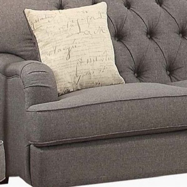 61" Dark Gray And Brown Linen Curved Loveseat and Toss Pillows - Image 3